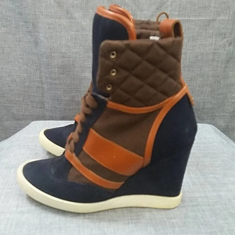 Chloe Kasia wedge sneaker - blue suede / tan leather brown quilted women's sz 38